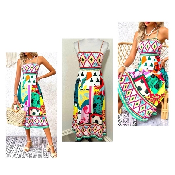 emery rose Dresses & Skirts - Emery Rose Women’s Medium Geo Print Cami Dress Sleeveless Inner Lining Adj Strap